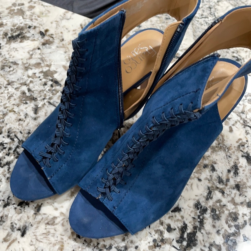 Franco Sarto navy suede leather laceup ankle boot with open toe and heel.